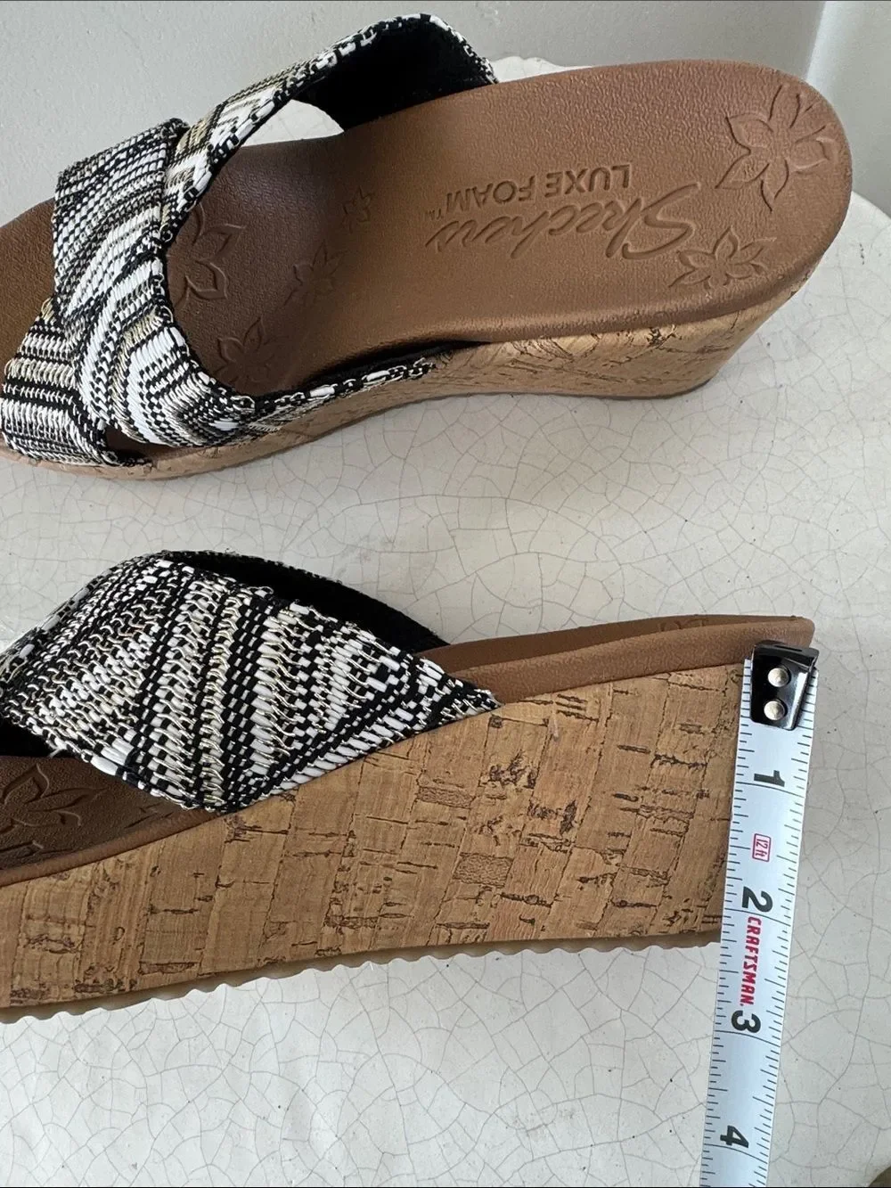 Skechers Black & White Textile Woven Cork Wedge Slides Slip-On Shoes Size 7.5